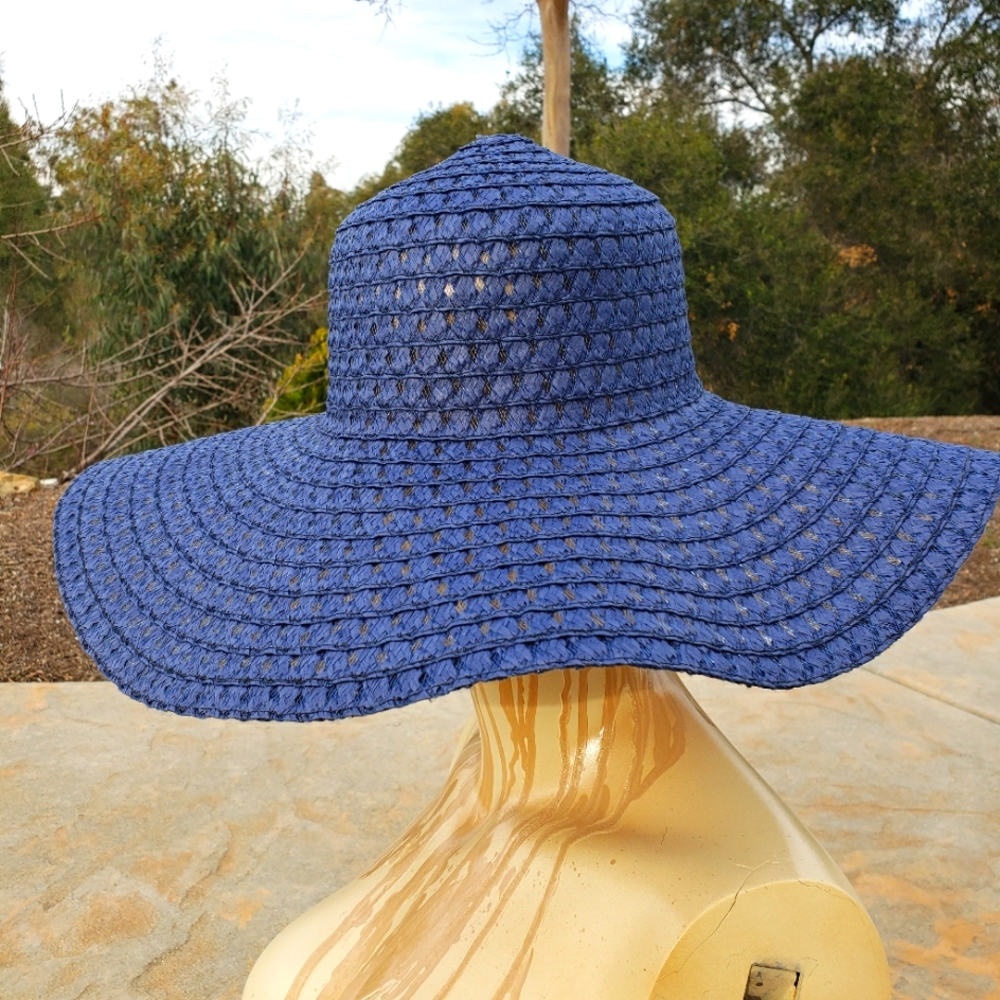 Dark Blue Floppy Summer Beach Hat Woven with Mesh Detailing